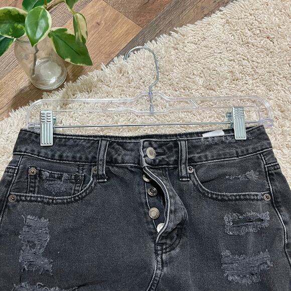 American Eagle Size 2 Black Distressed Button Fly Denim Mini Skirt - Picture 2 of 5
